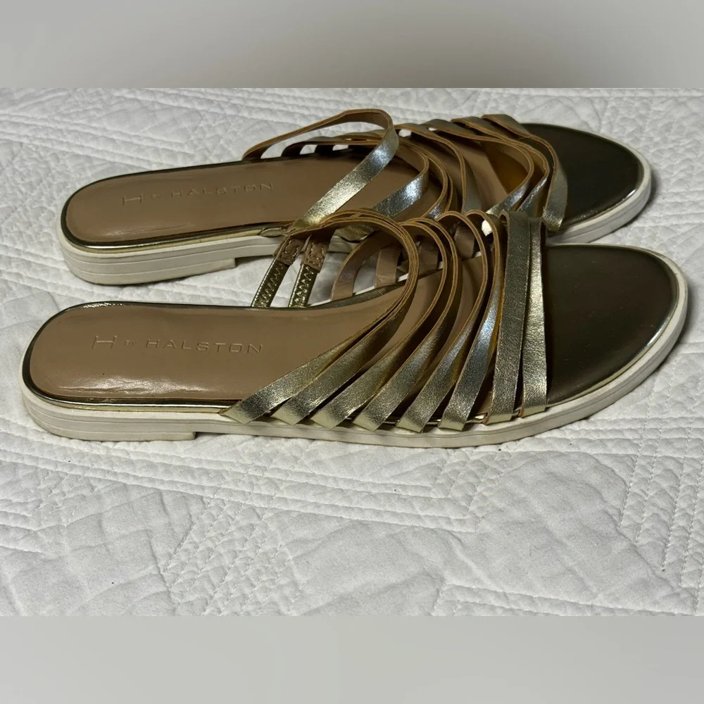 Halston Heritage Cora Gold Sandals Size 6.5 Metallic Strappy Glam